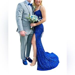 Amarra Cobalt Blue Beaded Dangles Spaghetti Strap Gown Women’s Size 2 Prom Dress
